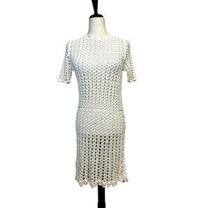 Vintage Handmade White Crochet Dress Boho Festival Beach Cover Up Short Sleeve M